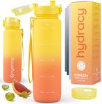 Hydracy Water Bottle with Time Marker -Large 1 Litre BPA Free Water Bottle -Leak Proof Gym Bottle with Fruit Infuser Strainer & Times to Drink - Gradient Yellow Coral
