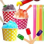 110 Piece Multi-Colored Snow Cone/Shaved Ice Kit - Includes 30 Polka Dot Cups (12oz - 10 Red, 10 Yellow, 10 Pink), 30 Candy Spoons, 50 Neon Straws