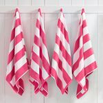 Great Bay Home 100% Cotton Velour 4 Pack Beach Towels | Pink Cabana Stripe Pool Towels | Quick Dry, Large Swim Towels for Adults and Kids (4 Pack 30" x 60", Bright Pink)