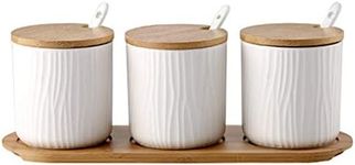 OnePine Set of 3 White Ceramic Spice Jars Sugar Bowl Ceramic Sugar Bowl with Spoon and Bamboo Lid for Tea Sugar Salt Spices at Home and Kitchen