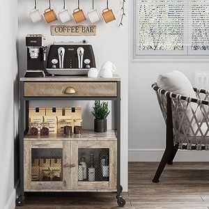 X-cosrack Coffee Bar Cabinet，3 Tiers Kitchen Coffee Cart with Drawer for The Home, Movable Farmhouse Coffee Station Table on Wheels for Living Room, Entryway, Dining Room, Kitchen