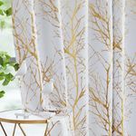 FMFUNCTEX 100% Blackout Curtains for Bedroom Silver Foil on White Curtains 84 Inches Long for Living Room Tree Branch Metallic Pattern Curtains Thermal Insulated Room Darkening Drapes 2 Panels Grommet