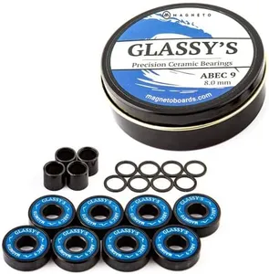 Glassy's Ceramic Bearings (8 Pack), ABEC 9 High Speed Skateboard Bearings with Washers, Spacers and a Glassy's Sticker (Black)