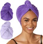 Turbie Twist Microfiber Hair Towel Wrap for Women and Men | 2 Pack | Bathroom Essential Accessories | Quick Dry Hair Turban for Drying Curly, Long & Thick Hair (Dark Purple, Light Purple)