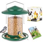 iBorn Metal Bird Feeder for Outside Hanging,Wild Bird Feeders for Cardinal,18cm Large Roof&Tray Green 6 Port (Seed is not Included)