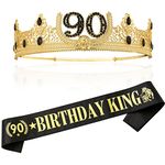 90th Birthday Party Decoration, Crown and Sash for Men, Gold Gifts, Gold, Crown Size: 2 inche，Sash size：35.4inch