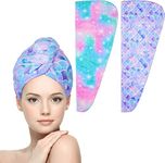 WUBAYI 2Pack Hair Drying Towels-Microfibre Hair Towels-Quick Drying Hair Towels-Uper Absorbent Hair Towel With Button. Designed For Wet Hair Wraps, Women's & Girls' Hair Wraps(Mermaid)