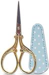 Hisuper Embroidery Scissors with Leather Scissors Cover Small 3.6 inch Sewing Craft Sharp Scissors for Fabric Cutting Paper Crafting Office Scissors Sewing Handicrafts Tool Gold