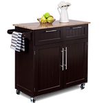 SILKYDRY Kitchen Island with Storage, Kitchen Storage Trolley w/Adjustable Shelves, Rubber Wood Top, Towel Rack, Large Drawers & 2-Door Cabinet, Lockable Kitchen Island Cart on Wheels for Home(Brown)