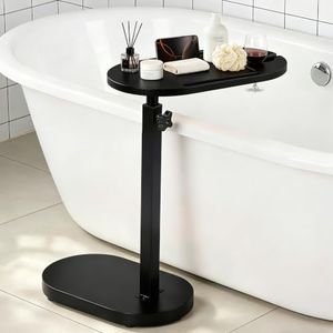 VELOHEIM Bamboo Bathtub Side Table, Height Adjustable Bath Caddy Tray