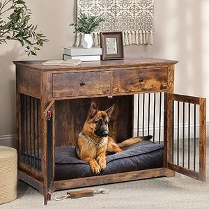 LEMBERI 44 Inch Large Dog Crate Furniture, Wooden Dog Kennel End Table with Storage Drawers, Decorative Pet Cage Dog House Indoor for Dogs, Brown