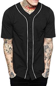 Mens Baseball Button Down Jersey Hipster Hip Hop T Shirts 1UPA01 (Medium Black/White)