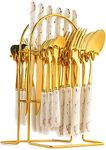 XieXie 24-Piece Gilded Stainless Steel Flatware Set Handle with Ceramic,Kitchen Utensil Tableware Cutlery Set Service for 6, Steak Cutlery Set for Home and Restaurant (White)