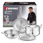 BERGNER Tripro 5 Pcs Triply Stainless Steel Cookware Set Of 24Cm(3L)Kadai With Lid,20Cm(3.5L)Casserole With Lid/Biryani Pot,22Cm(1.5L)Frypan,Less Oil Use,Healthy Cooking,Induction Bottom,Silver