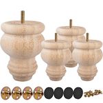 3 inch / 8cm Wooden Furniture Legs, Tchosuz Pack of 4 Unfinished Solid Wood Turned DIY Replacement Bun Feet with M8 Hanger Bolts & T-Nuts or Sofa Couch Cabinet Recliner Ottoman Riser