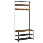 VASAGLE Coat Rack with Shoe Storage, Hall Tree, Coat Stand with Shoe Bench for Hallway, 9 Movable Hooks, Top Bar, 32.2 x 84 x 180 cm, Bedroom, Industrial, Rustic Brown and Black HSR421B01