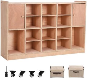 Garvee 14 Cubby Mobile Tray Storage Cabinet with 2 Cabinet Doors, Storage Organizer Cubes with 2 Anti-Flip Fittings,4 Castors and 2 Boxes for Home, School, Kindergarten, Natural