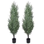 Artificial Cedar Topiary Trees 5ft, Set of 2 Artificial Cedar Tree Faux Potted Tree, Perfect Outdoor Indoor Pine Tree for Front Door Porch Patio Garden Yard Green Decor Fake Plants