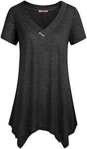 Miusey Tunic Tops for Leggings for Women, Ladies Short Sleeve Shirts V Neck Vintage Elegant A Line Flared Flattering Blouses for Summer Plus Size Handkerchief Hem Flowy Dress Black L