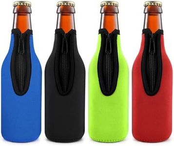 Beer Bottle Insulator Sleeve Pack of 4. Different Color. Zip-up Bottle Jackets. Keeps Beer Cold and Hands Warm. Classic Extra Thick Neoprene with Stitched Fabric Edges, Enclosed Bottom, Perfect Fit