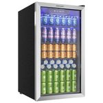 EUHOMY 93L Drinks Fridge, 126 Can Beer Fridge with Glass Door, Wine fridge with Adjustable Shelves for Soda Beer or Wine, Home/Bar/Office, Silver, Steel, One-Touch Control [Energy Class F]