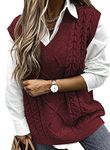 EVALESS Sweater Vest for Womens Cable Knit Sleeveless V Neck Sweaters Ladies 2024 Fall Fashion Casual Pullover Sweaters, Red Small