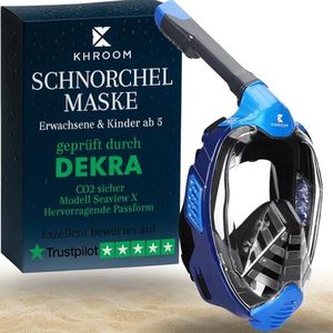 Khroom Schnorchelmaske für Erwachsene & Kinder | DEKRA geprüfte CO2 Sicherheit | Vollmaske Seaview X – Tauchmaske Taucherbrille mit Schnorchel | Schnorchelset Alternative (L-XL, Blau)