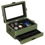 CASE ELEGANCE Military 10 Slot Watch Box Case Organizer for Men, Real Glass Top, Modular Valet Tray, Apple Watch Compatible with Apple Watch Stand, Accessory Drawer- Green