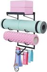 MAYZOLOP Yoga Mat Holder Wall Mount Yoga Mat Storage Rack Home Gym Accessories with 3 Sectional and 7 Hooks for Hanging Foam Roller and Resistance Bands at Fitness Class or Home Gym