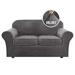 H.VERSAILTEX Real Velvet Plush 3 Piece Stretch Sofa Covers Couch Covers for 2 Cushion Couch Loveseat Covers Width Up to 72 Inch Feature Thick Soft Stay in Place (Medium Sofa, Grey)