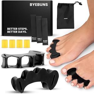 BYEBUNS Toe Spacers - Toe Separators for Bunions, Correct Alignment, Athletics, Yoga - Small Toe Spreaders with 3 Resistance Stretcher Bands and Case - Toe Spacers for Men and Women