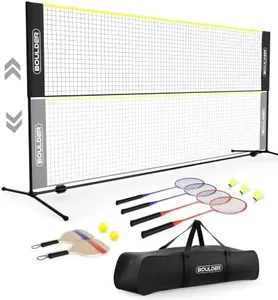 Boulder Sports All-in-One Pickleball & Badminton Set - Half-Court Portable Pickleball Net, Adjusts to Badminton Net (10ft Wide x 5ft max Height) - Game Set w/Pickleball Paddles and Badminton Rackets