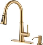 WOWOW Kitchen Faucet with Sprayer,Gold Single Handle High Arc Stainless Steel Kitchen Faucet Tap with Pull Down Sprayer for Sink 2 or 4 Hole,Pull Out Kitchen Faucet with Deck Plate & 3 Functions