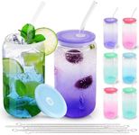 Joyclub 16oz Glass Cups with Acrylic Lids and Straws 8 Set Can Shaped Glass Iced Coffee Cups with Lids, Gradient Drinking Glasses Cute Tumbler Cup Great for Smoothie Soda Boba Tea Cocktail Beer Gift