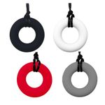 4 Pcs Chew Teether Necklace, Donut Shape Soft Sensory Nursing Tools for Kids with Teething, ADHD, Autism, Biting Needs, Oral Motor Silicone Chewy Pendant for Adult & Baby to Wear