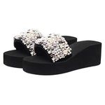 Holibanna Women Platform Slippers Wedge Pearl Open Toe Sandals Boho Slides Slip On High Heels Ladies Wedges Summer Shoes Black Beige