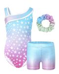 JiAmy Gymnastics Leotards for Girls with Short, Kids Athletic Crisscross Back Dancewear Gymnastics Athletic Outfit 3Pcs for Kids 3-12 Years