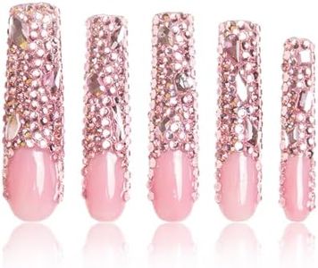 LOVFUL Press on Nails Pink French Tip Rhinestone | Handmade with Full Covered Crystals | Reusable Fake Nails | Square Long 2.2 in | H27-S