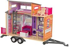 KidKraft Teeny House Wooden Dolls House on Wheels with Furniture and Accessories, Doll Caravan with Tow Bar, Kids' Toys, 65948