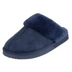 Autumn Faith Ladies Slippers Luxury Womens Microsuede Mules Upper White Fleece Lining Non-Slip Tough EVA Sole Navy Blue 6 UK