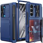 Vihibii for Samsung Galaxy Z Fold 5 Case with S Pen Holder & Card Holder & Slide Camera Cover & Screen Protector & Hinge Protection, Shockproof Rugged Wallet Phone Case for Galaxy Z Fold 5 2023, Blue