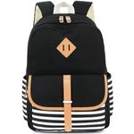 Leaper Canvas School Backpack for Girls Laptop Bag Travel Bag Bookbag Daypack, Black-stripe, Large-more layers, Rucksack Backpacks