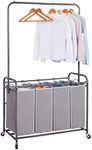 STORAGE MANIAC 181L Laundry Sorter with Hanging Bar, Portable, Removable Laundry Hamper Cart with Heavy Duty Rolling Lockable Wheels and Removable Bags, Rolling Laundry Basket Organizer, 4 Section