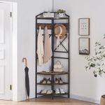 IHOMDEC Industrial Corner Hall Tree with Shoe Bench with 6 Double Hooks, Entryway Coat Rack 182cmH Rustic Dark Brown