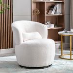 Merax Swivel Armchair Accent Chair with Teddy Fabric and Mental Frame Tub Chair Boucle Chair Cuddle Chair with Detachable Lumbar Pillow Sofa Reading Chair for Living Room Bedroom Balcony Office White