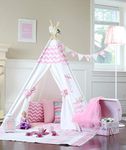 Pink Chevron Teepee from Canada with Floor, Pocket, LED Light, Poles, Flags Banner and Storage Bag, Play Tent, Play House, Kids Room Decor