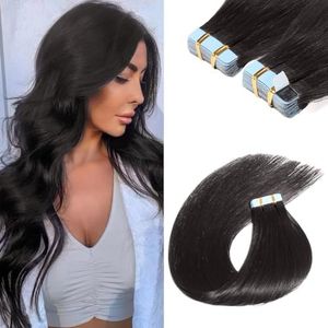 Sunfly Black Hair Extensions Tape In Hair 50g Invisible Tape In Human Hair Extensions 16 Inch 20pcs Glue in Remy Hair #1B Natural Black