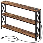 Rolanstar Console Table with Power Outlet, 3 Tier Narrow Sofa Table with Storage Shelf, 47” Entryway Table Metal Frame Behind Sofa Couch Hallway Entrance for Living Room, Foyer, Rustic Brown