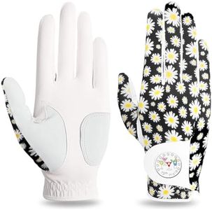 FINGER TEN Golf Gloves Women Left Right Hand Leather with Bling Ball Marker Value Pack, Colored Glove for Right Left Handed Golfer All Weather Grip (Full-Daisy, Medium, Right)