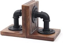 LINKPIPES Book Ends Wood Tabletop Bookends Rustic Industrial Decor, Heavy Duty Bookend Support for Books and Movies 1 Pair (Black)